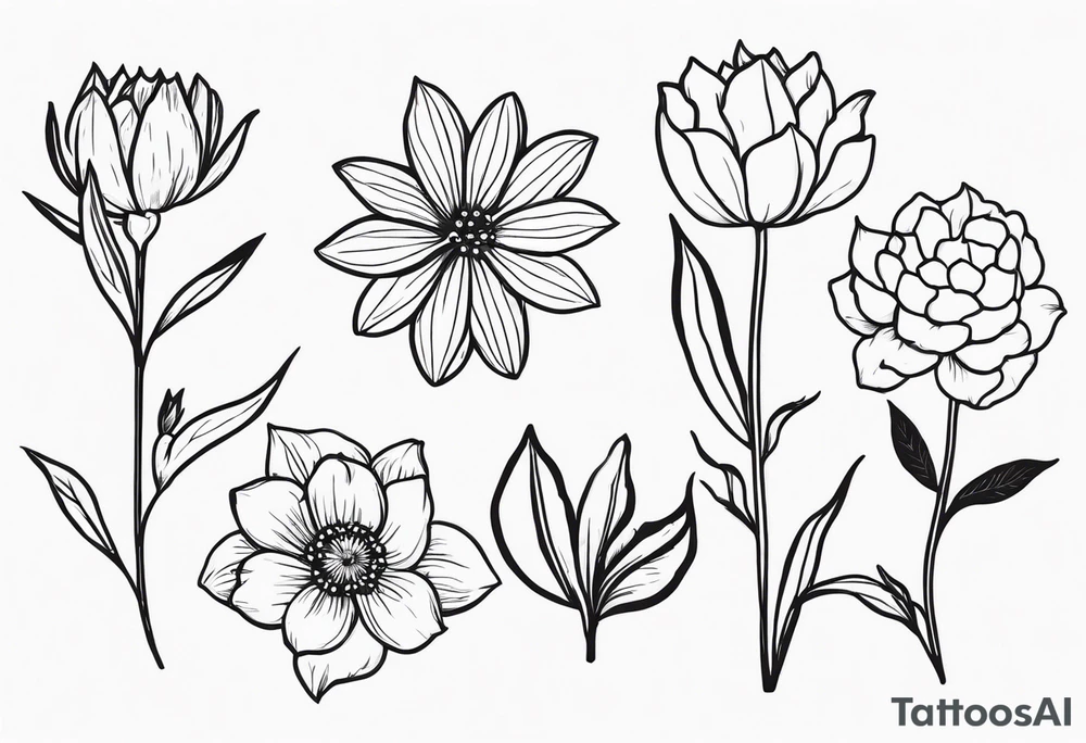 January birth flower, May birth flower, June birth flower x 2, July birth flower, August birth flower, September birth flower, October birth flower, December birth flower with some leaves all together tattoo idea