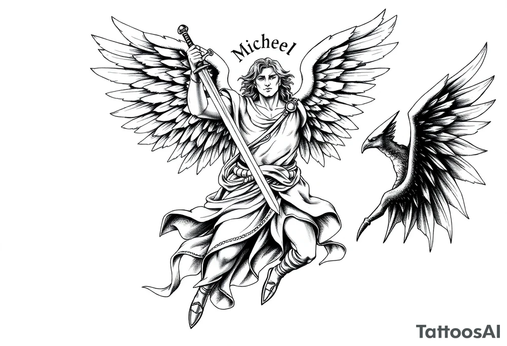 Archangel Michael holding a sword, ready for battle, defeating Lucifer tattoo idea