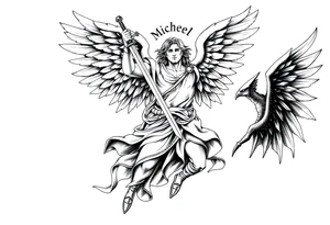 Archangel Michael holding a sword, ready for battle, defeating Lucifer tattoo idea