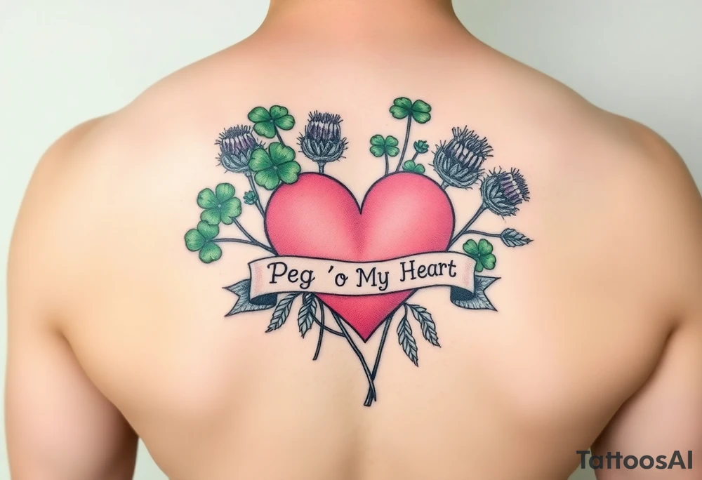 Bunch of Green shamrocks & a few purple thistles with a big pink heart and a banner across the heart that says " Peg 'o My Heart" tattoo idea