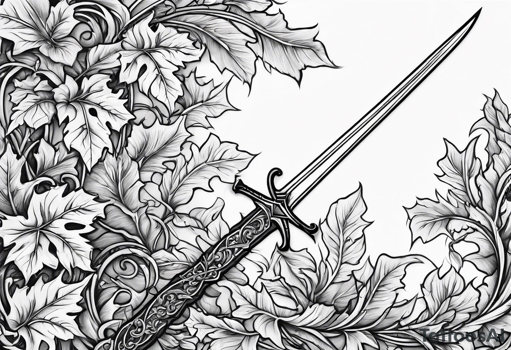Leafy vines with sword tattoo idea