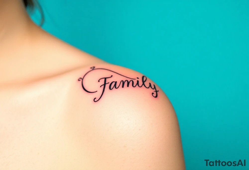 A flowing infinity symbol intertwined with the word "family" written in elegant cursive, symbolizing endless love and connection tattoo idea