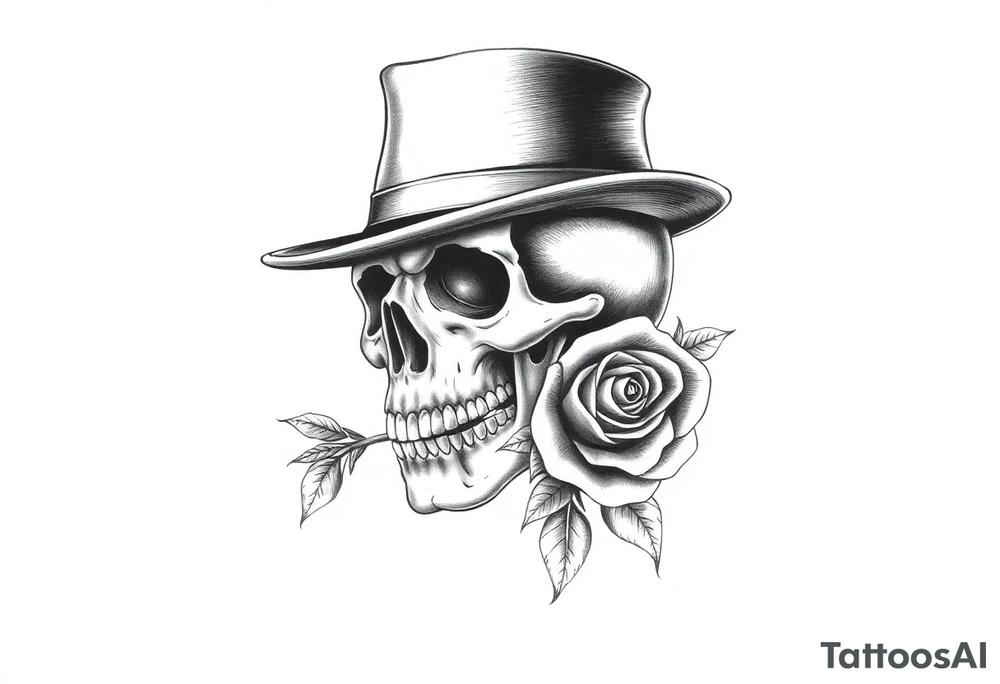 a skull with top-hat and a rose in his mouth. tattoo idea