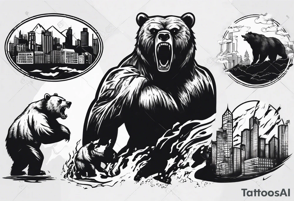 Angry bear coming up behind a city tattoo idea