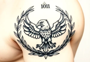 (roman numerals 10.10.2002) inside of laurel crown with imperial eagle tattoo idea