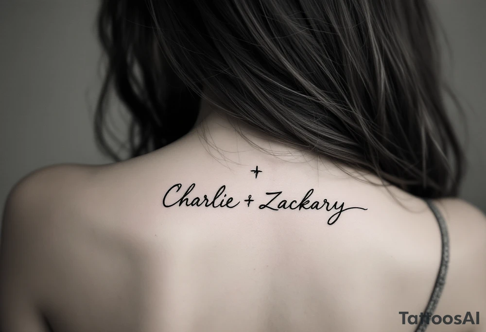 Create a delicate tattoo design that seamlessly integrates the names "Charlie" and "Zackary" in graceful, flowing cursive. Enclose the names within a softly stylized symbol that embodies strength and unity. add other symbol tattoo idea