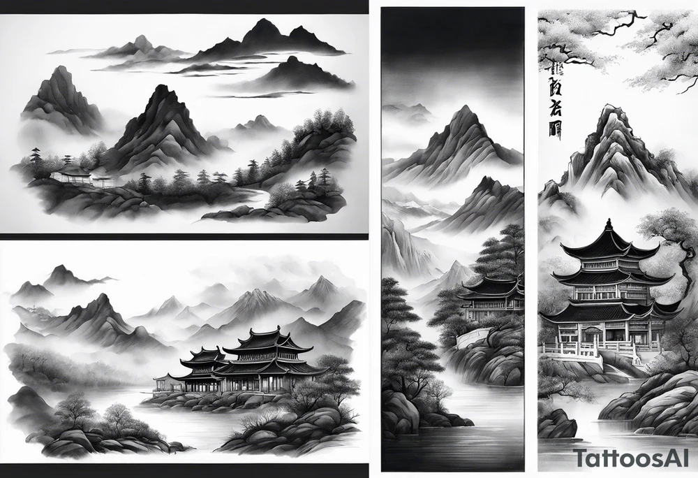 forearm sleeve traditional chinese art painting style autumn mountains mist fog water Chinese temple two monks wearing robes tattoo idea