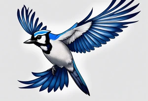 Strong blue jay bird in flight head down tattoo idea