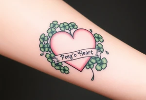 A ton of green shamrocks together with a big pale pink heart with a banner across the heart that says Peg 'o My Heart tattoo idea
