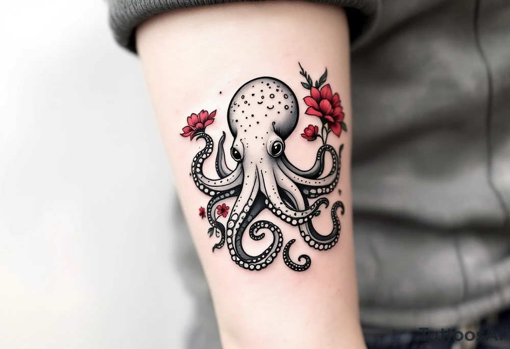 A small realistic black and grey tattoo of an octopus, cute, with detailed shading and soft linework, showing the octopus with swirling tentacles, on light skin. ornamental flowers around with red ink. The style is minimalistic and elegant, resembling fine-line tattoo with a shadow tattoo idea