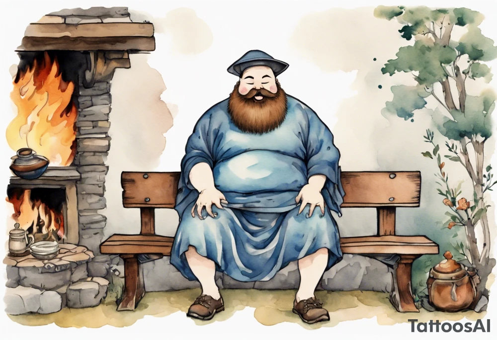 fat man with a full beard but no eyes wearing a mushroom hat and medieval tunic sitting on a bench by a fireplace drinking from a wood cup, laughing tattoo idea