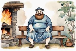 fat man with a full beard but no eyes wearing a mushroom hat and medieval tunic sitting on a bench by a fireplace drinking from a wood cup, laughing tattoo idea