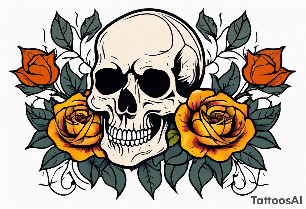 Masculine Old School Knee tattoo in fall colors showing a large skull with a rose tattoo idea