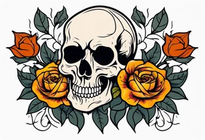 Masculine Old School Knee tattoo in fall colors showing a large skull with a rose tattoo idea