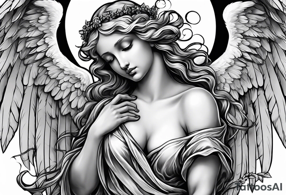 Angelic Angel holding cross in clouds arm tattoo tattoo idea