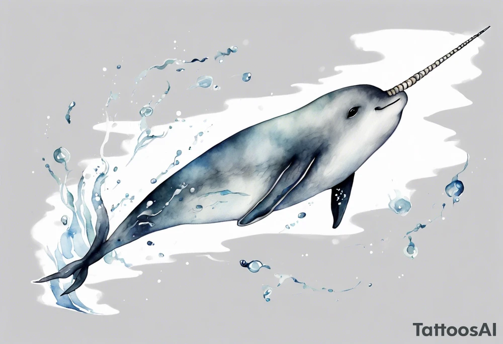 a melancholy watercolor painting of a realistic white narwhal swimming in a grey ocean tattoo idea