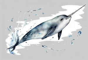 a melancholy watercolor painting of a realistic white narwhal swimming in a grey ocean tattoo idea