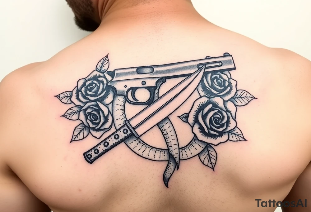 Handgun with knife with snake wrapped around it with roses tattoo idea