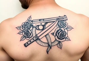 Handgun with knife with snake wrapped around it with roses tattoo idea