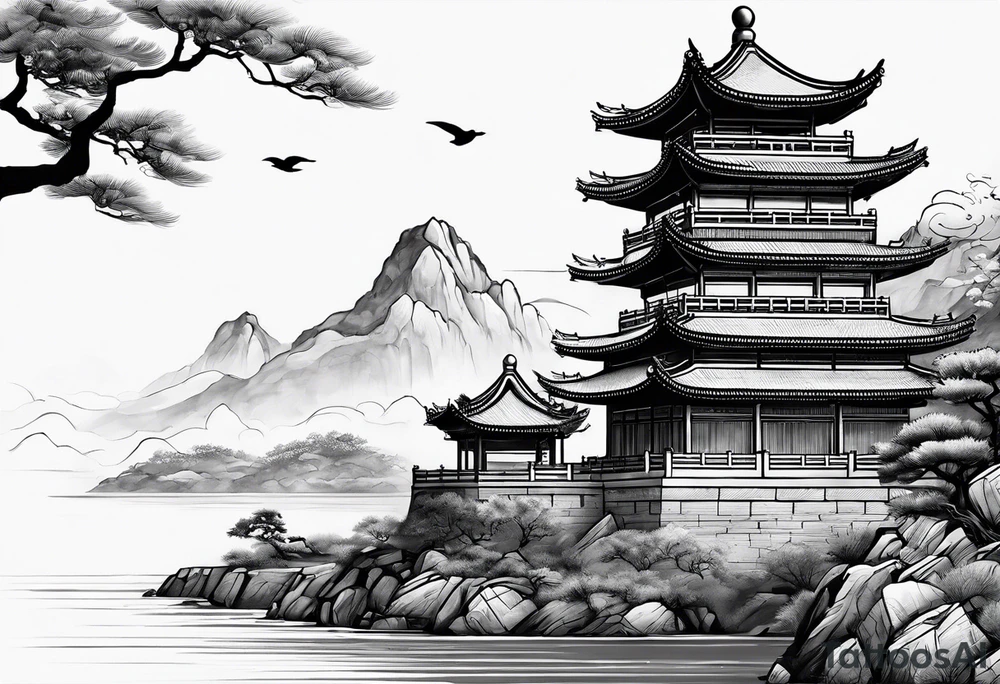 Chinesischer see mit der Mauer im hintergrund und verschiedenen Tieren tattoo idea
