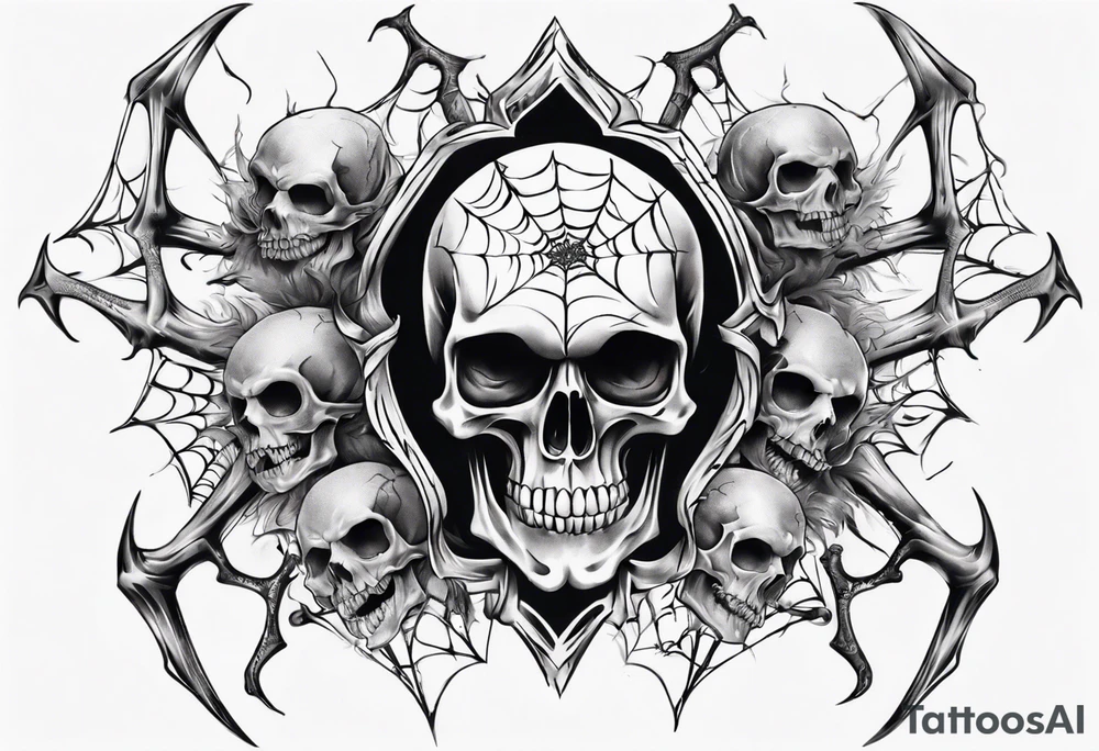 Black skull sleeve tattoo with skulls and spiders tattoo idea Black skull sleeve tattoo with skulls and spiders tattoo idea