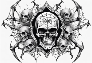 Black skull sleeve tattoo with skulls and spiders tattoo idea