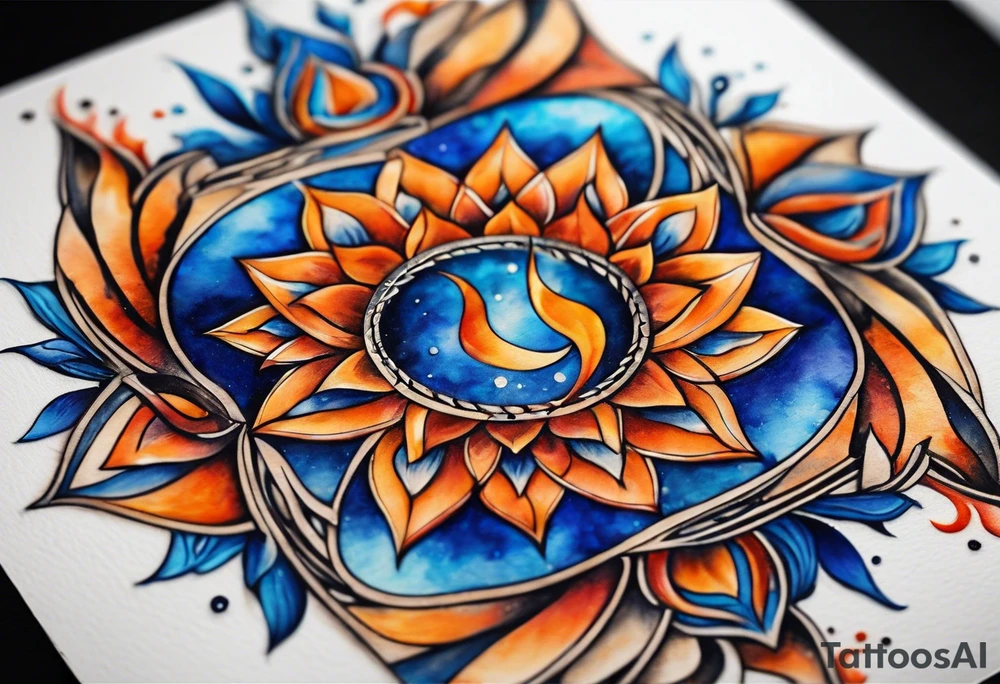 Twin flame symbol with blue and orange fire. Intricate lining and watercolor paint for the fire. Make it a small tattoo. tattoo idea