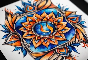 Twin flame symbol with blue and orange fire. Intricate lining and watercolor paint for the fire. Make it a small tattoo. tattoo idea