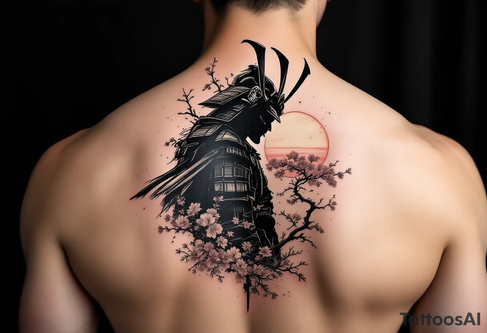 noble samurai warrior silhouette at sunset with cherry blossoms tattoo idea