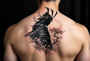 noble samurai warrior silhouette at sunset with cherry blossoms tattoo idea