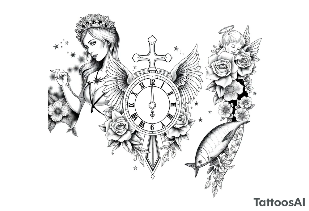 Roulette casino and princess and jesus on cross, baby angels, roses and clock and stars and fish tattoo idea