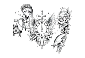 Roulette casino and princess and jesus on cross, baby angels, roses and clock and stars and fish tattoo idea