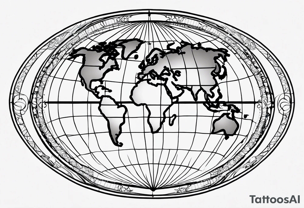 the earth on a flat map with no shading placed on a grid with only the lines with accurate depictions of the borders in countries while having it in an oval/circular position on a grid without any borders on the sides while having the countries not have such bold borders tattoo idea