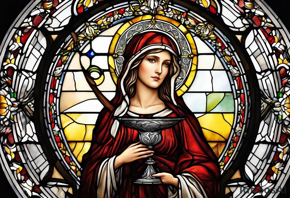 holy saint woman with halo stained glass holding a chalice with artillery tattoo idea