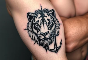 a fragmented depiction of a lions face revealing the eyes and face of both a Wolf and Bear, Compass Gears and an Anchor tattoo idea