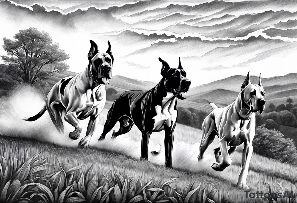 full arm sleeve. Rolling fields and Tennessee mountains with (4) Four Great Dane dogs running together in the field tattoo idea
