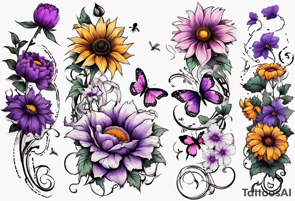 Arm sleeve, sunflowers, dragonflies, three purple cosmos flower, one violet, one pink carnation, vines , leaves and butterflies tattoo idea