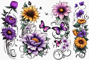 Arm sleeve, sunflowers, dragonflies, three purple cosmos flower, one violet, one pink carnation, vines , leaves and butterflies tattoo idea