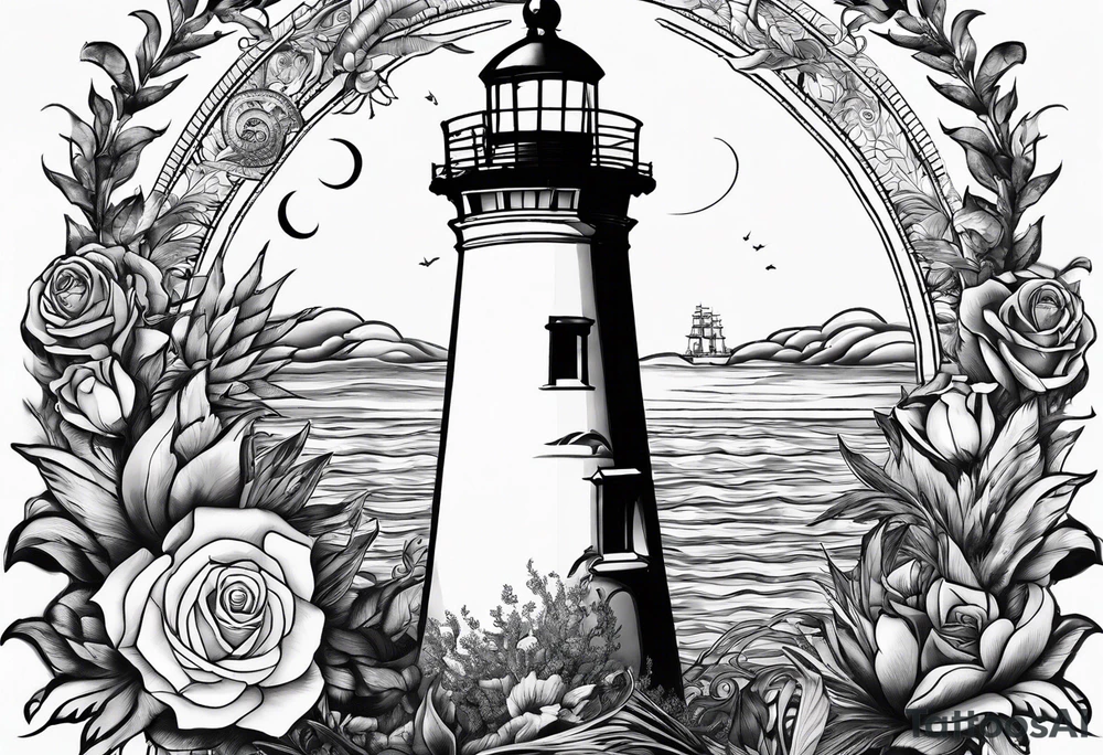 bateau, phare maritime, phoenix, rose des vents et lune bleu. tattoo idea