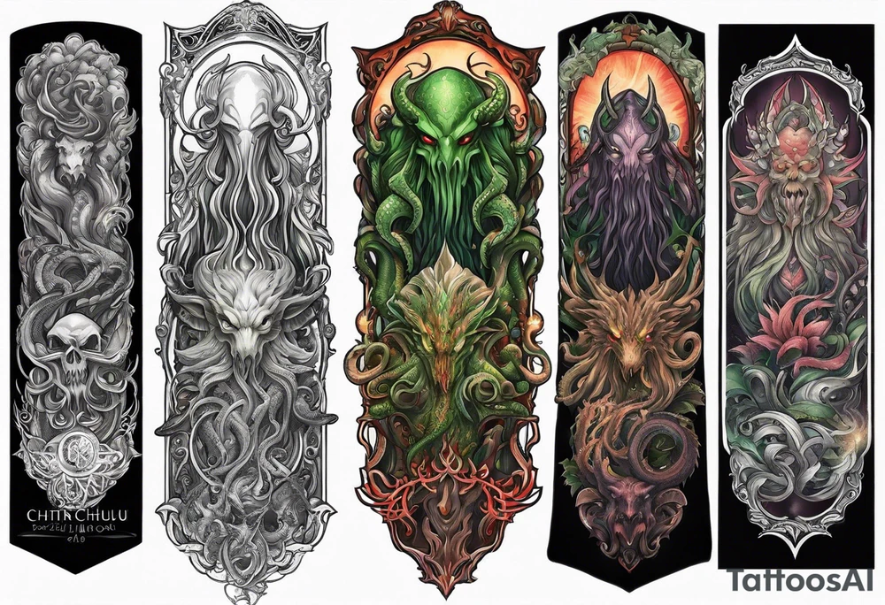 Cthulhu arm sleeve with other eldritch beasts tattoo idea