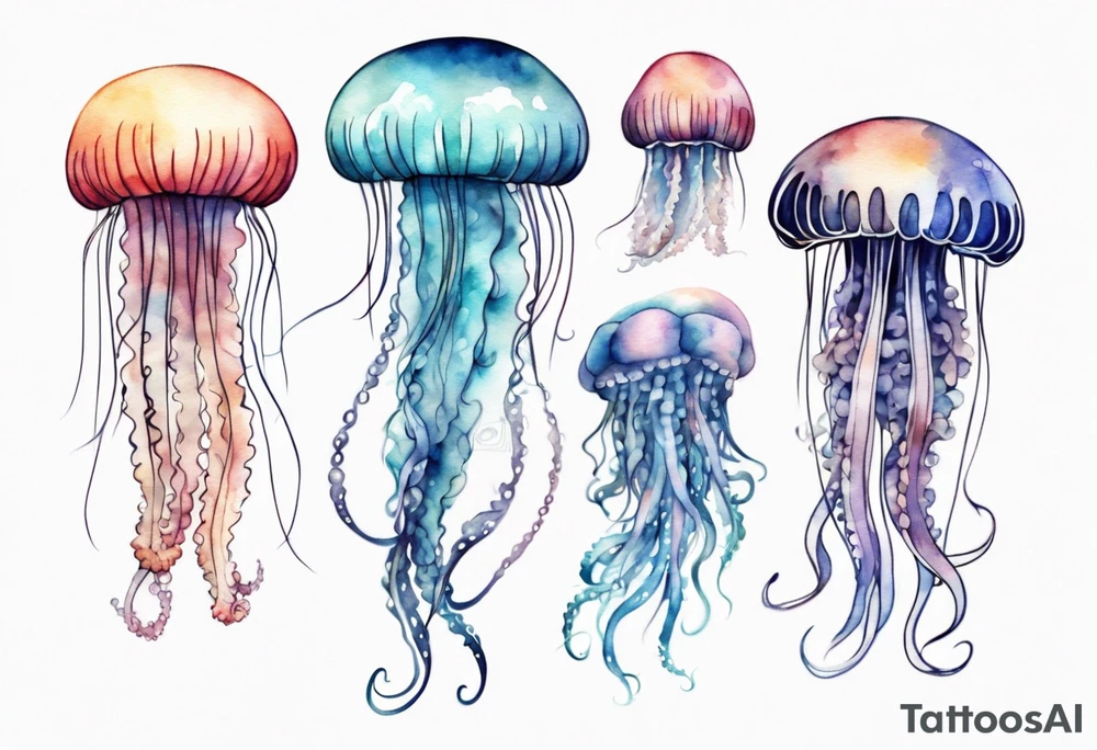 One large jellyfish with long tentacles, surrounded by two or three smaller jellyfish tattoo idea