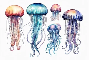 One large jellyfish with long tentacles, surrounded by two or three smaller jellyfish tattoo idea