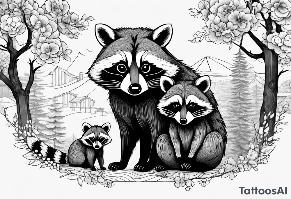 Very detailed Raccoon Husband with wife and child.
Background modern House between woods tattoo idea
