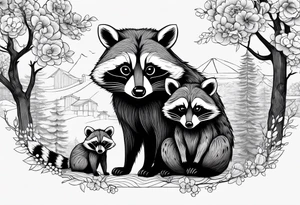 Very detailed Raccoon Husband with wife and child.
Background modern House between woods tattoo idea