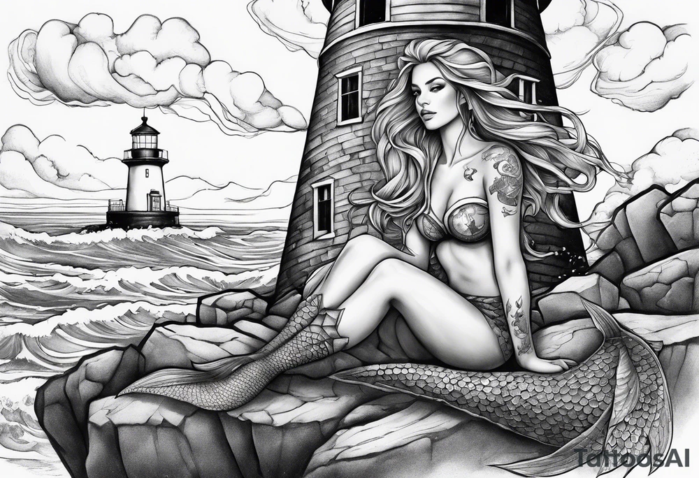 Mermaid sitting on a lighthouse’s rock, vessel in a storm, a compass, a nautical chart tattoo idea