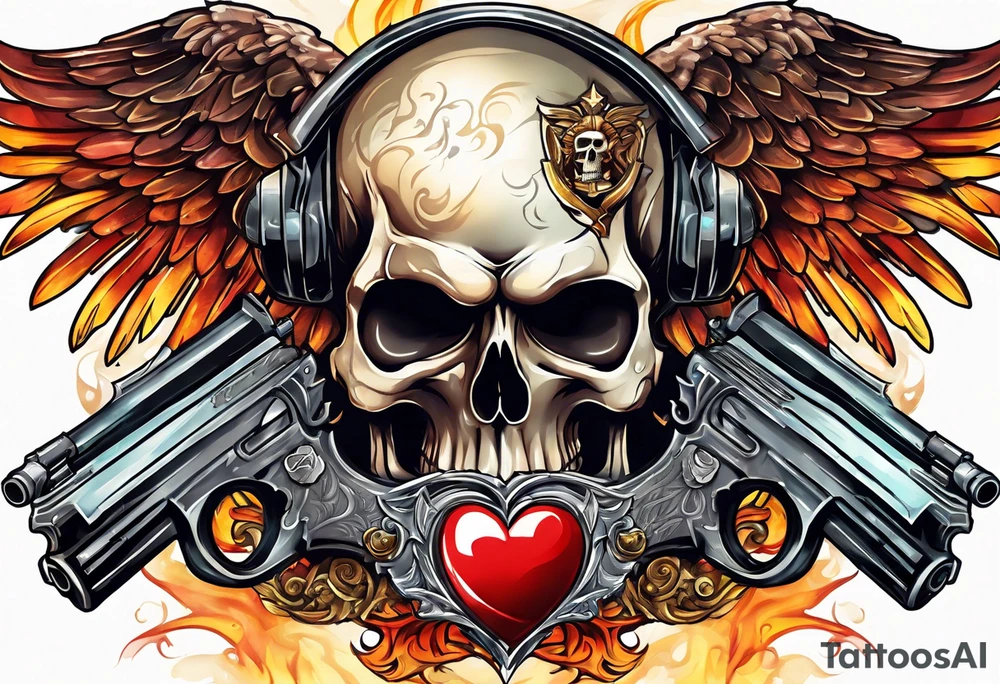 skull with a gun dominated by a  heart with wings and  flames coming out of the top of it tattoo idea
