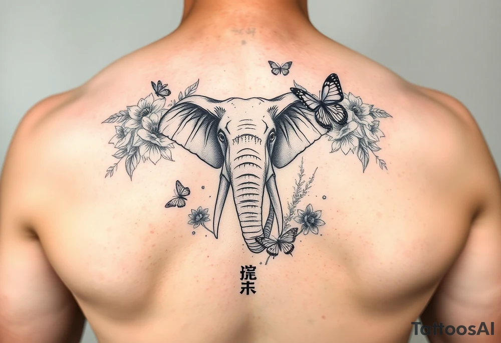 Elephant tattoo surrounded by flowers and butterflies with Chinese lettering tattoo idea