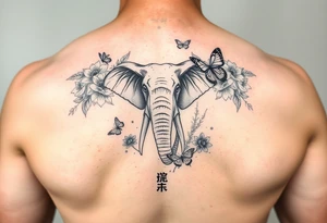 Elephant tattoo surrounded by flowers and butterflies with Chinese lettering tattoo idea