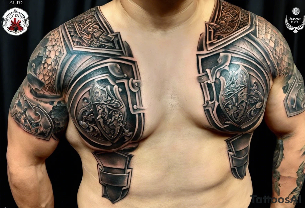half sleeve tattoo. from a distance looks like a pauldron but closer the pieces of armor are from parts of my life. family, and interests. Father of 3 boys (1 passed), husband, martial arts for 3 decades. 1 1st degree and 1 2nd degree black belt.  Lets start there. tattoo idea