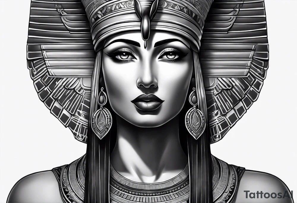 black and gray photo realistic goddess isis with minimal detail tattoo idea
